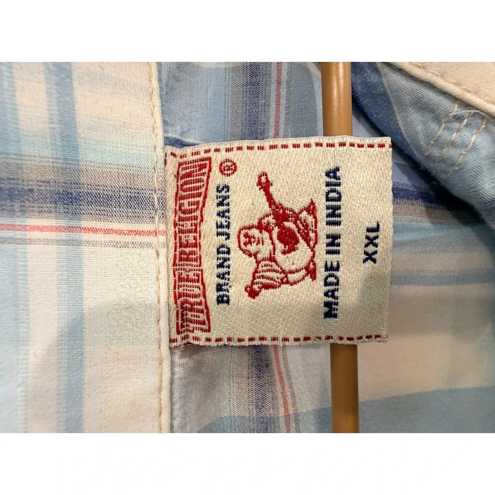 True Religion Mens Western Shirt Blue XXL Plaid Pearl Snap Long Sleeve Cotton